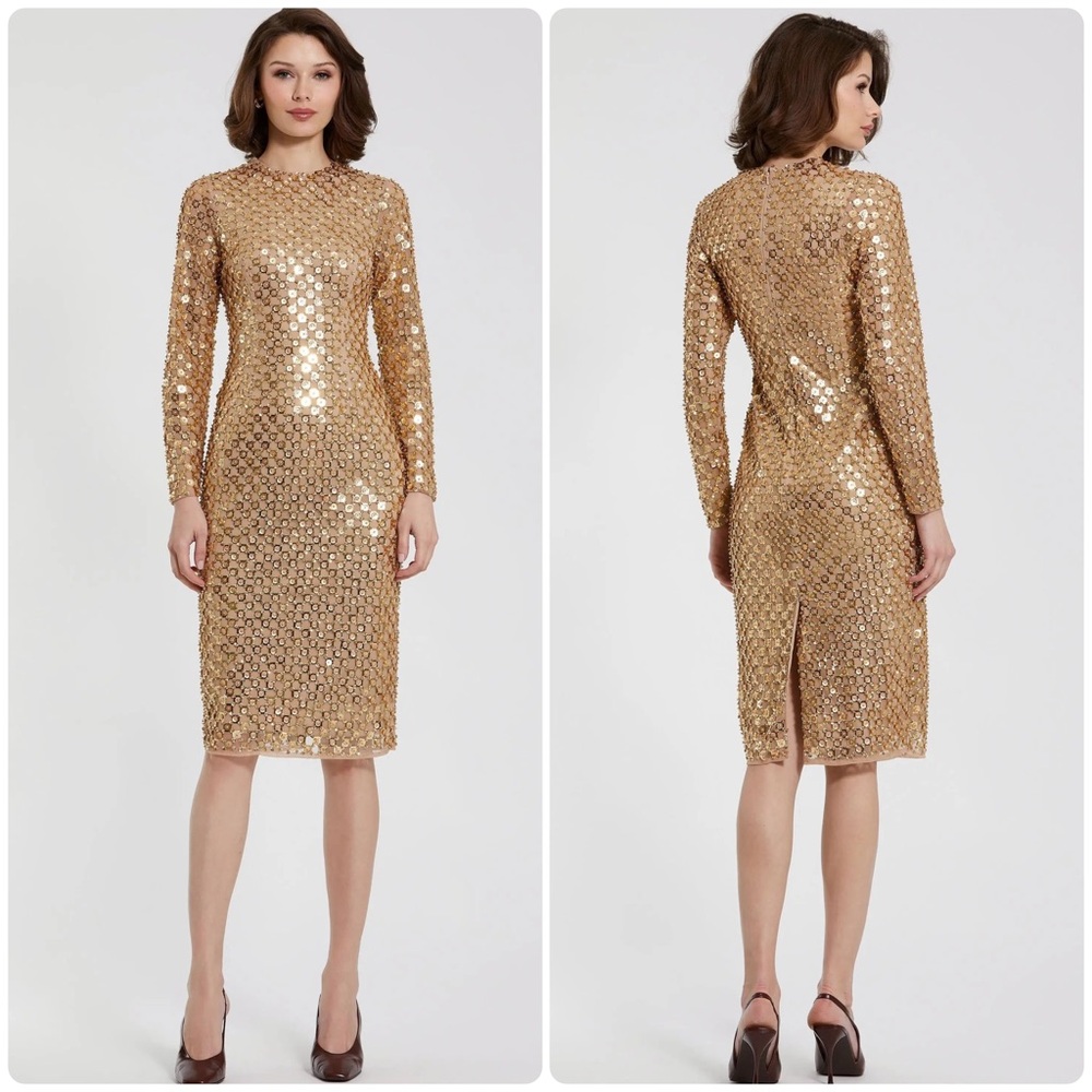 ✨ Mac Duggal Gold Beaded Georgette Long Sleeve Fitted Midi Dress ✨ size 14 - Picture 3 of 10